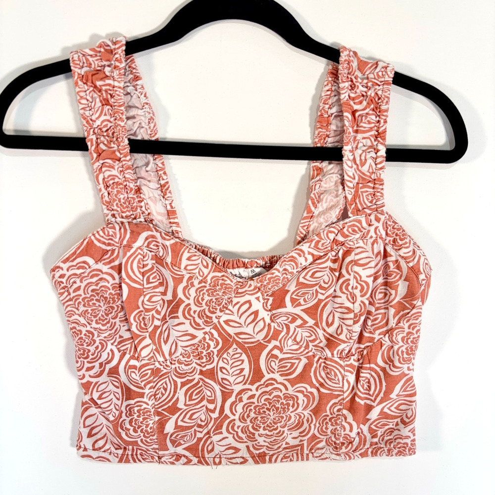 Midnight Sky Floral Crop Top Medium Smocked Back Bustier Orange White Cottage